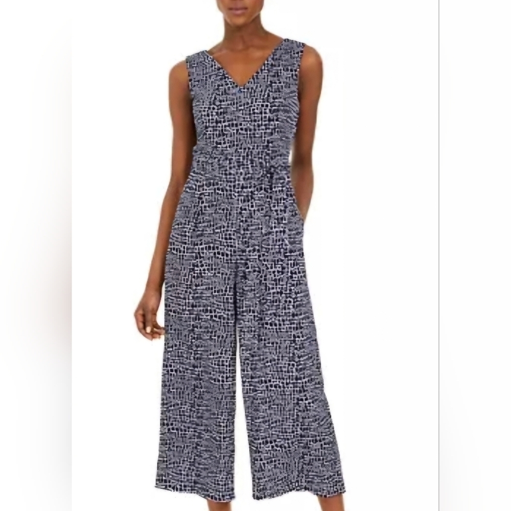 Calvin Klein Black & White Patterned V‑Neck Wide‑Leg Jumpsuit